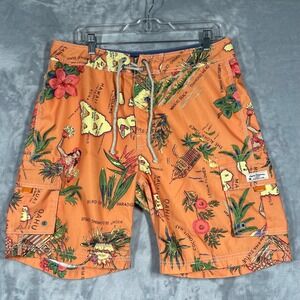 J.Crew Mens Orange Hawaiian Map Tropical Board Shorts Swim Trunks Size 33 3289